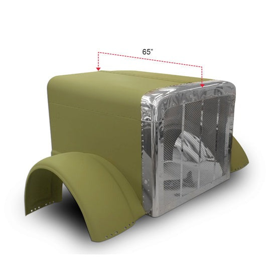 Aluminum Short Hood for Peterbilt 388/389 With Stainless Grill & Surround with Fiberglass Fenders