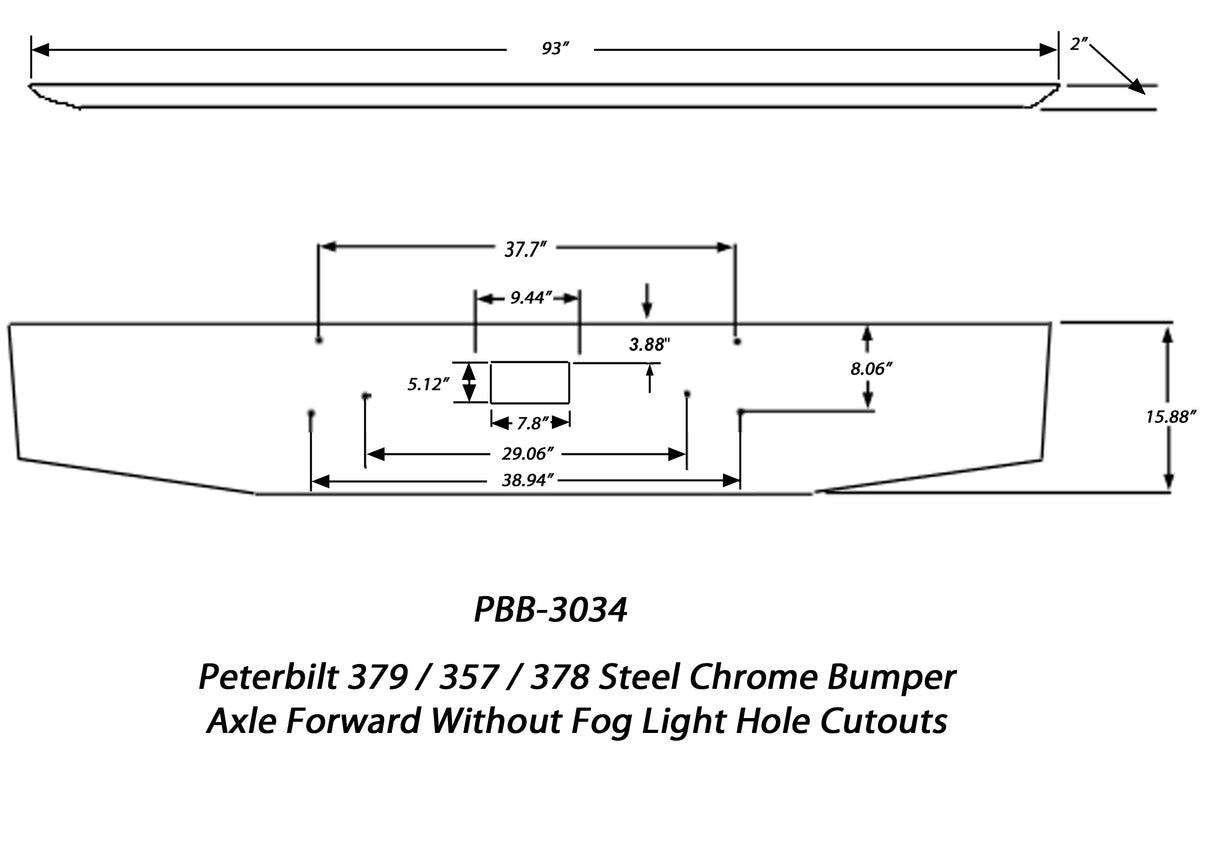 16" Steel Chrome Bumper Axle Forward Without Fog Light Hole Cutouts - Peterbilt 379 / 357 / 378