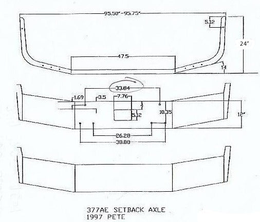 Peterbilt 377 Parachoques cromado de acero con eje retrasado y orificios para luz antiniebla de salida