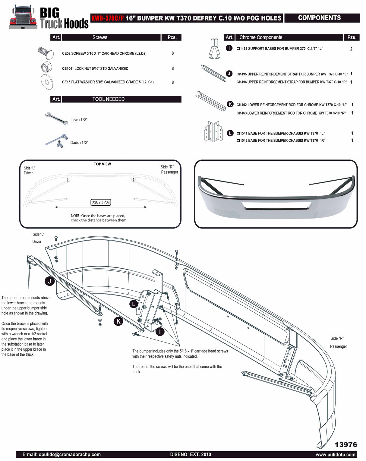 Durabuilt Chrome Steel 16" Bumper, Fits Kenworth T-270 & T-370 Cosblem