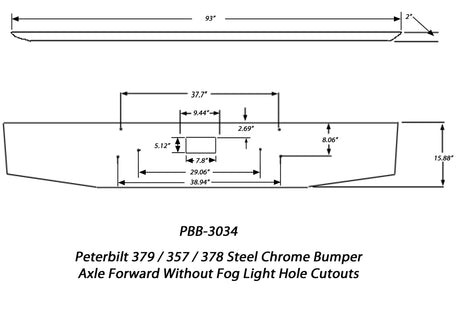 Peterbilt 379 / 357 / 378 Steel Chrome Bumper Axle Forward Without Fog Light Hole Cutouts