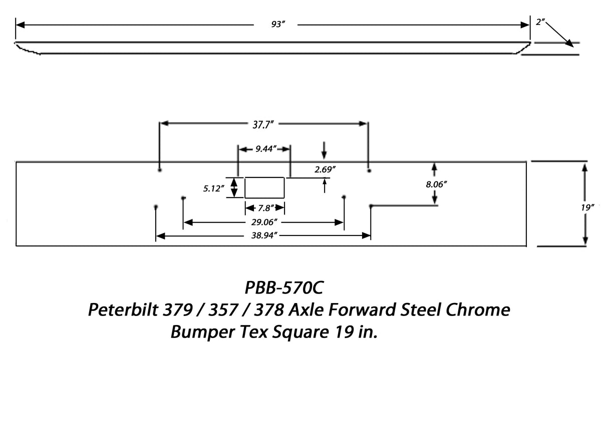 Peterbilt 379 / 357 / 378 Eje delantero de acero cromado Parachoques Tex Square 19 pulg.