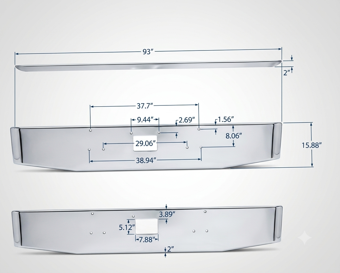 DuraBuilt Peterbilt 379 Stainless Steel Bumper | 16" Tapered & Rolled | No Fogs | PBB-570SS6TR4