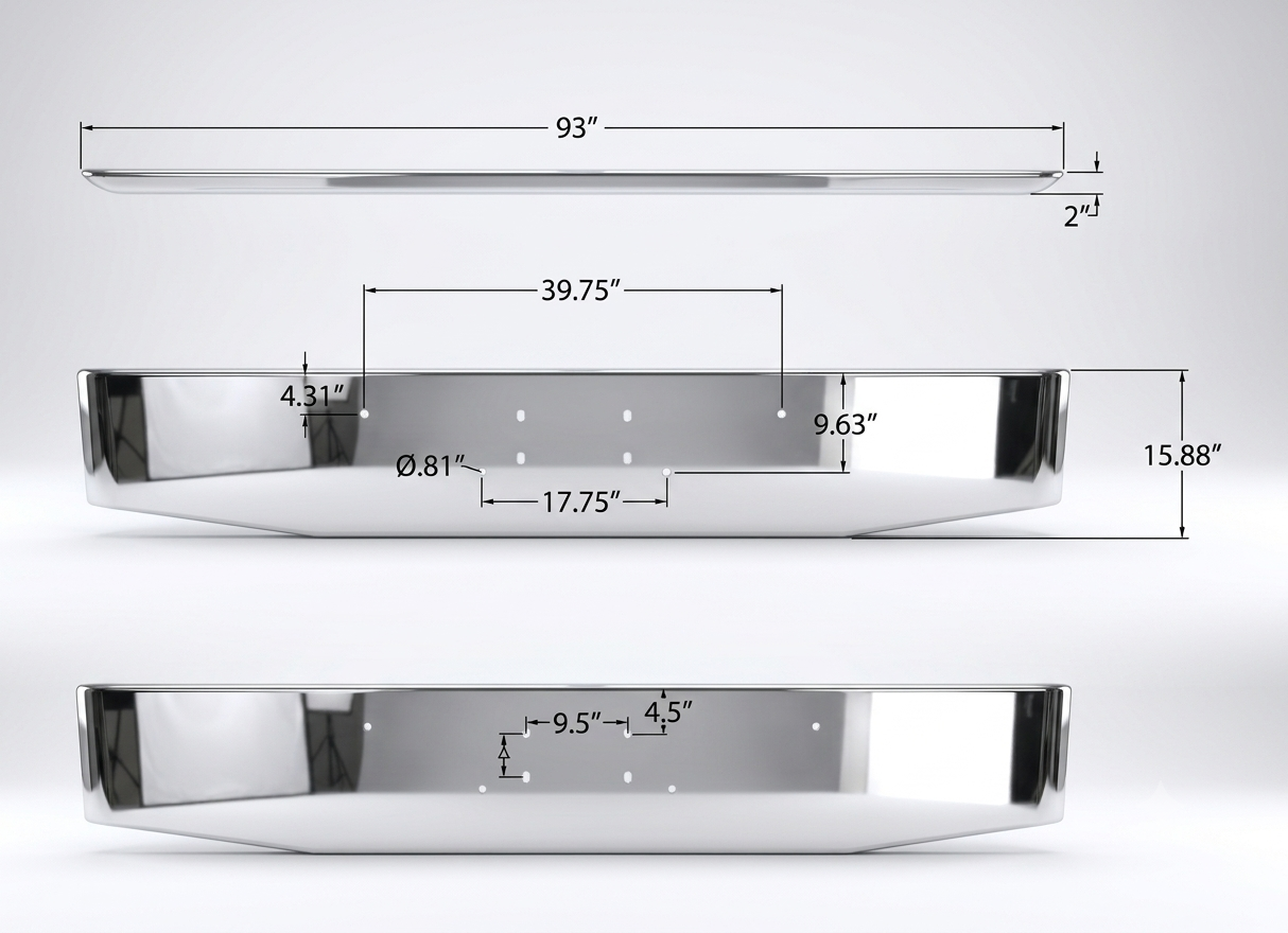 DuraBuilt Peterbilt 365 / 367 / 388 / 389 / 567 Stainless Steel Bumper | 16" Tapered & Rolled | Bolt-On Tow Pin | PBB-870SS6TR4