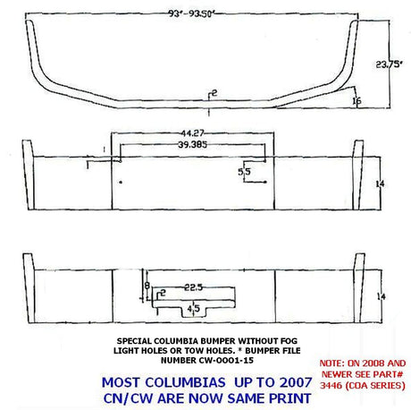 Freightliner Columbia Parachoques de acero cromado sin orificios para luz antiniebla, 14 pulgadas 