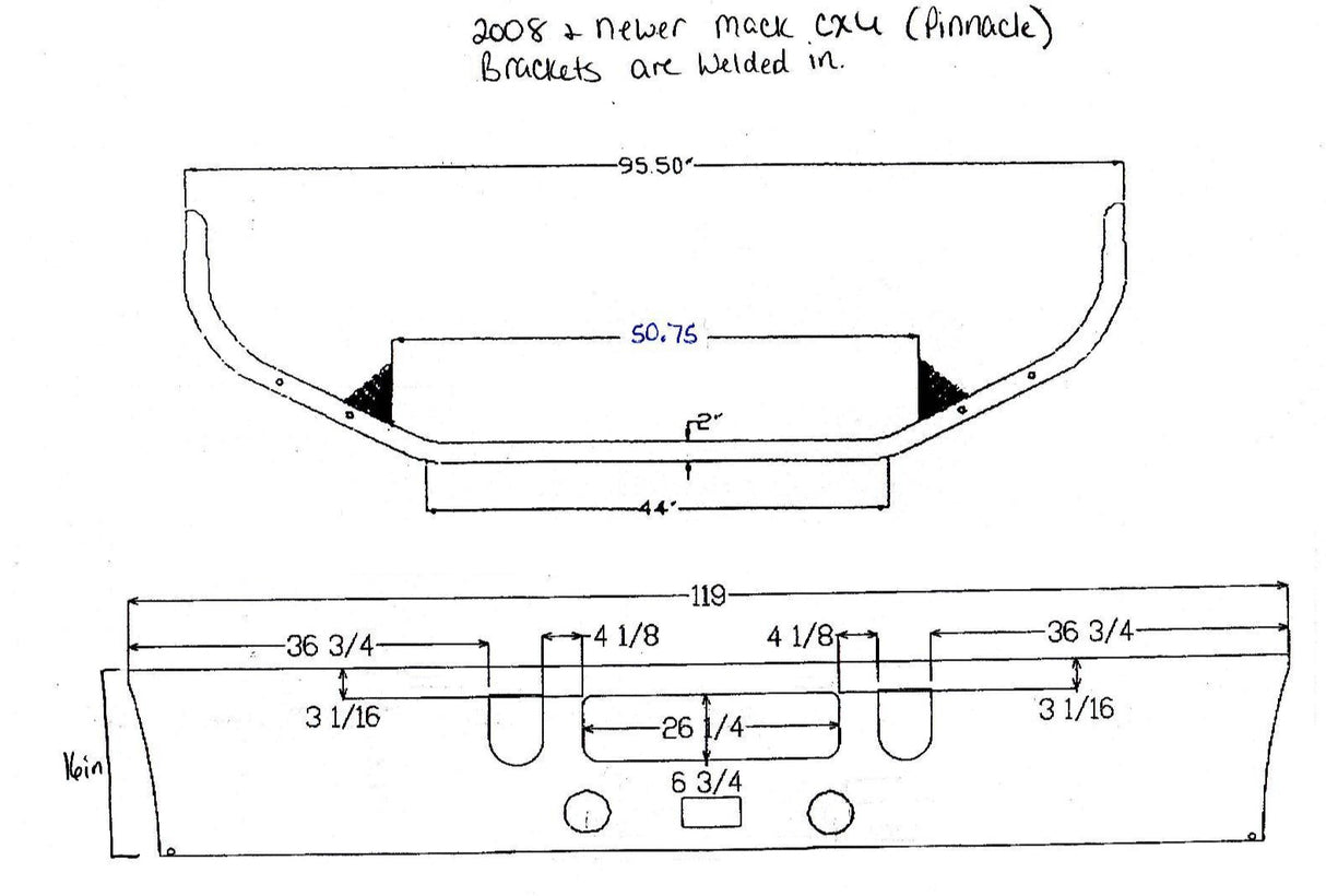 Mack CXU Set Back Axle Parachoques Acero Cromado 2008-Reciente 16 pulg.